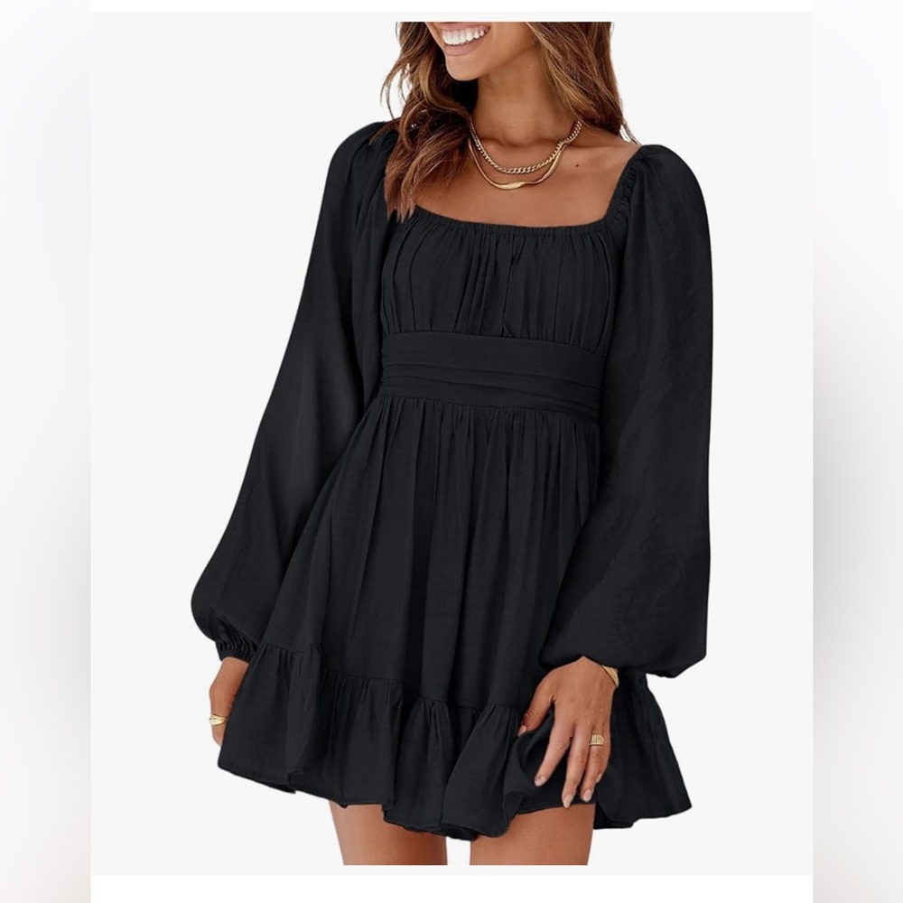 Chic Black Long Sleeve Tie Waist Dress